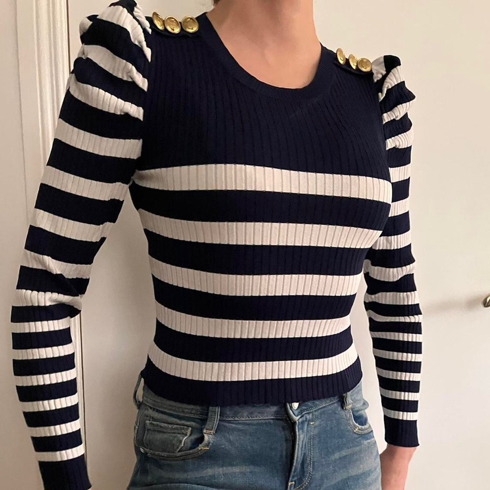 Zara Navy and White Striped Women's Top Size Small